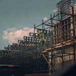 Modular steel frame being assembled on a construction site